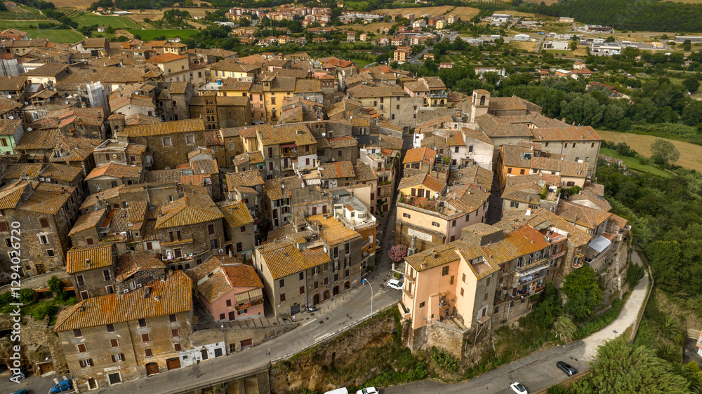 Fototapeta premium Aerial view of houses and apartments in the historic center of Orte, in the province of Viterbo, Italy.