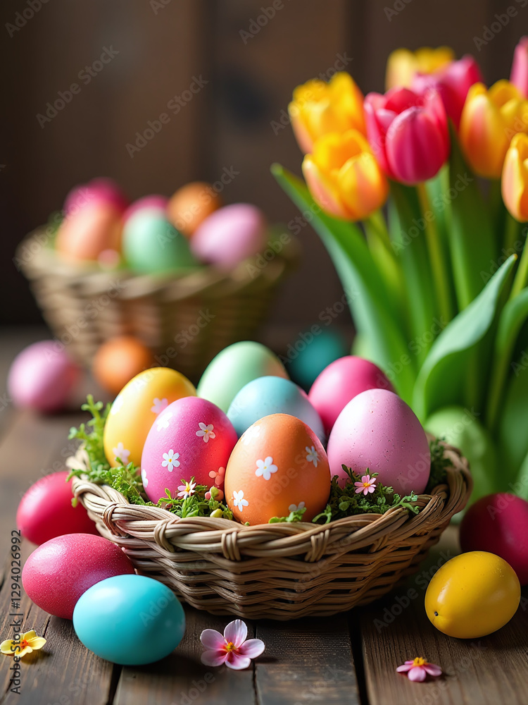 A Traditional Easter Holiday Scene Features Colorful Easter Eggs Surrounded By Vibrant Tulips On A Rustic Wooden Table Setting. A Traditional Easter Holiday Scene Features Colorful Easter Eggs Surrounded By Vibrant Tulips On A Rustic Wooden Table Setting.