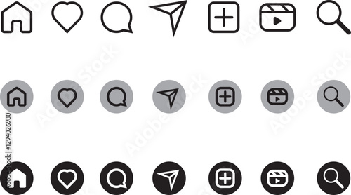 Social medial icons, like, commment, love, reel, share, home, search