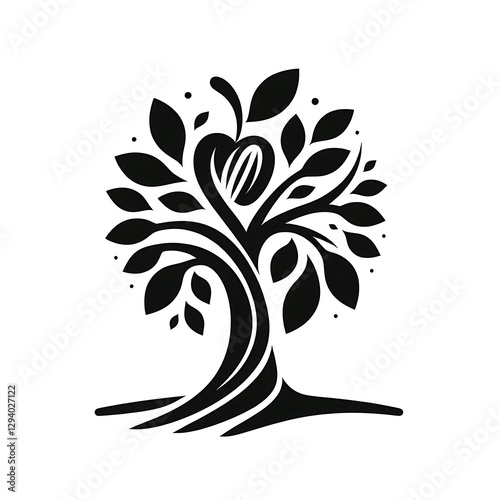 Stylized black and white tree graphic design with an apple.