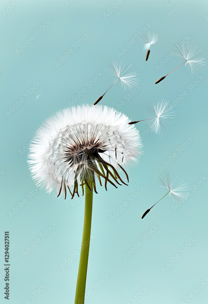 Fototapeta premium Eine filigrane Pusteblume vor einem sanften blauen Himmel. Einige Samen lösen sich im Wind und schweben davon, symbolisch für Leichtigkeit und Freiheit. Generative KI.