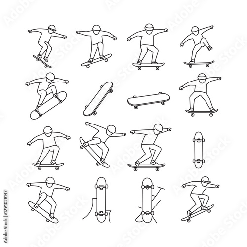 skateboard sports icons set black silhouette vector design outline illustrations
