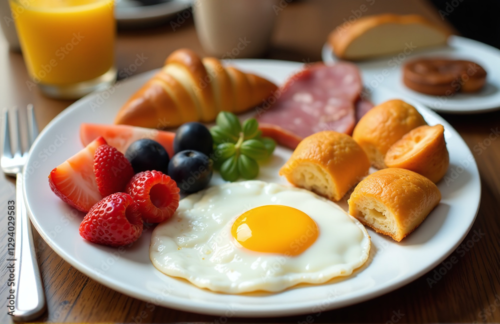A Standard Breakfast Setting Typically Consists Of A Variety Of Foods Such As Eggs, Meat, Fruits, And Pastries On A Single Plate. A Standard Breakfast Setting Typically Consists Of A Variety Of Foods Such As Eggs, Meat, Fruits, And Pastries On A Single Plate.