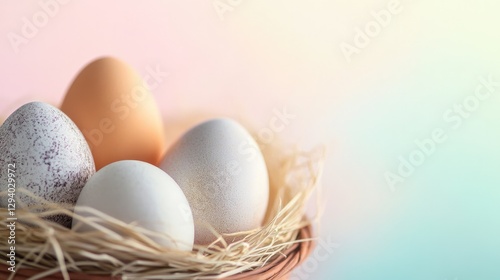 close-up photograph of beautifully decorated easter eggs nestled in basket with serene pastel background and ample