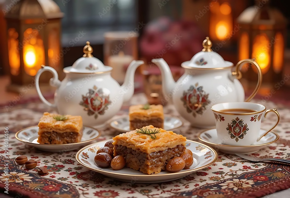 Fototapeta premium Golden Baklava Squares: A Warm, Elegant Tea-Time Delight