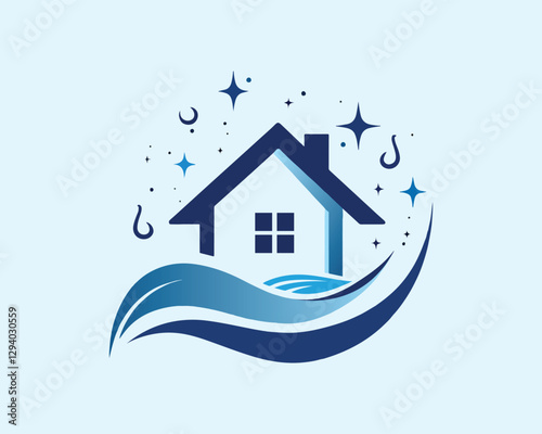Modern Cleaning Service Logo – Sparkling House with Water Waves


