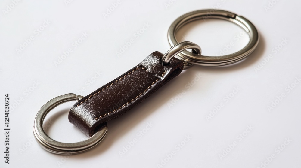 Business-style keychain with a leather strap and metallic clasp, white backdrop Business-style keychain with a leather strap and metallic clasp, white backdrop