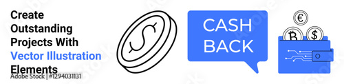 Coins with currency symbols, a blue wallet with digital circuits, and a cash back speech bubble. Ideal for finance, investment, savings, e-commerce, deals, digital banking flat landing page banner