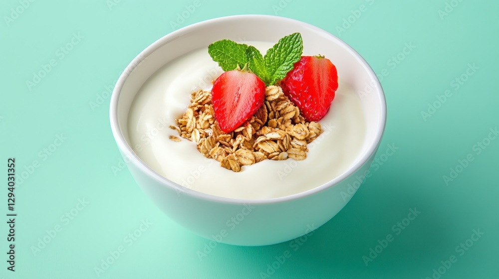 A bowl of creamy yogurt topped with crunchy granola and fresh strawberries and mint leaves, shot against a light green background A bowl of creamy yogurt topped with crunchy granola and fresh strawberries and mint leaves, shot against a light green background