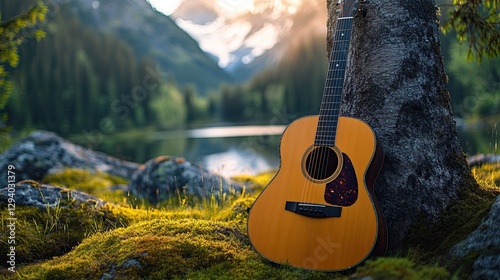 An acoustic guitar leaning against a tree in a serene mountain landscape.
