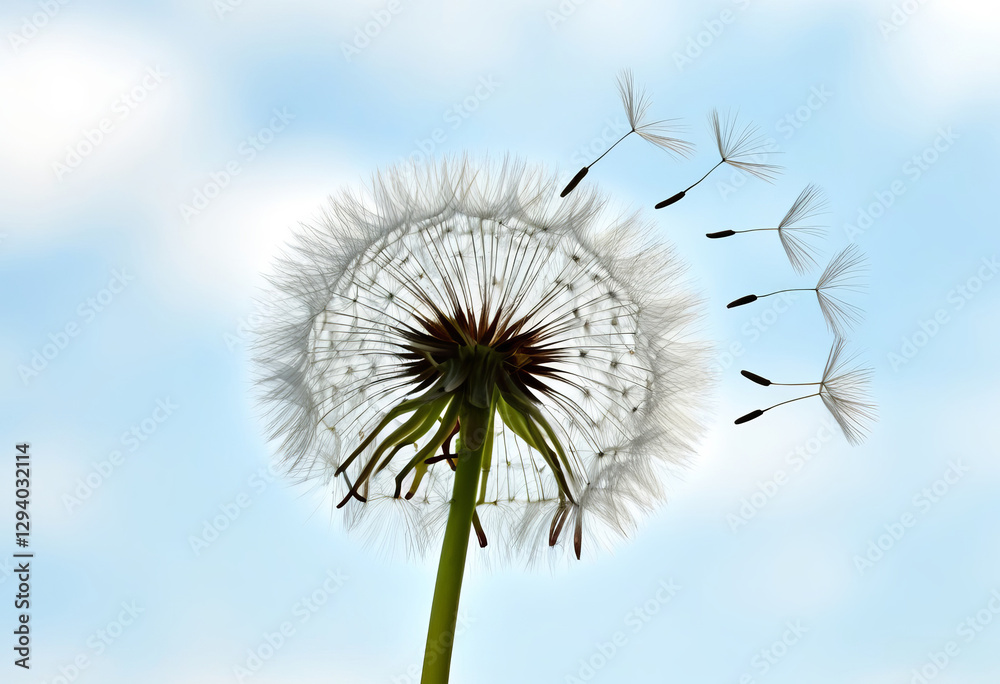 Obraz premium Eine filigrane Pusteblume vor blauem Himmel, während ihre Samen sanft vom Wind davongetragen werden – ein Symbol für Leichtigkeit, Freiheit und Vergänglichkeit. Generative KI