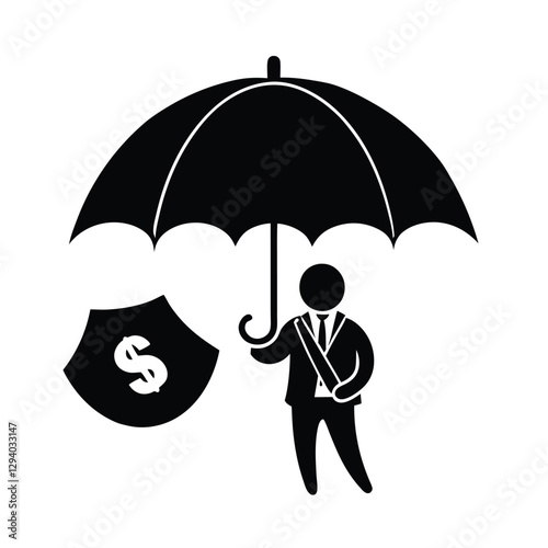 Protective umbrella silhouette covering money for secure financial planning