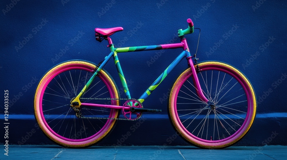 Fototapeta premium Colorful fixie bike standing against a deep royal blue wall, bold and modern style