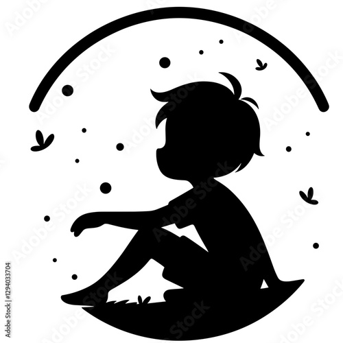 Vector illustration of a boy sitting among fireflies