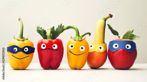Superhero fruits vector fruity cartoon character of super hero expression vegetables with funny apple banana or pepper in mask illustration fruitful vegetarian diet set isolated on white background.