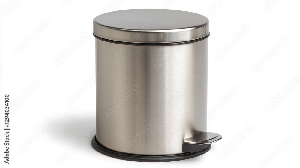 Compact kitchen waste bin with a sleek metallic finish, white background Compact kitchen waste bin with a sleek metallic finish, white background