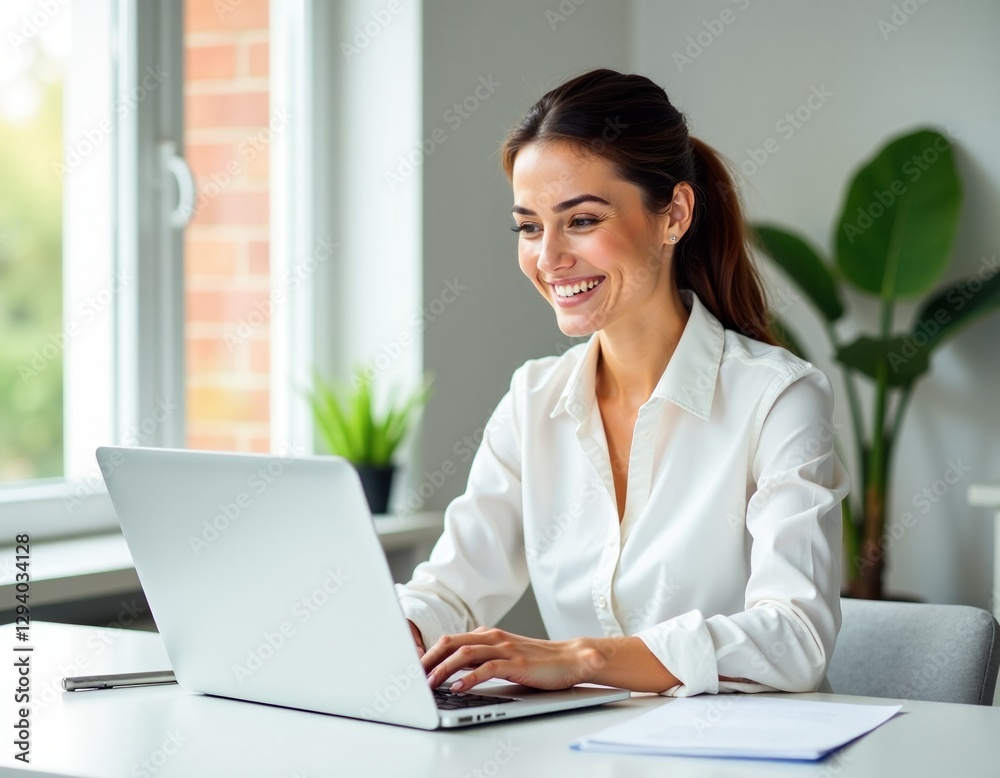 Happy Businesswoman Working on Laptop Computer in Office Happy Businesswoman Working on Laptop Computer in Office