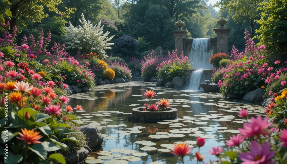 Fototapeta premium Tranquil Nature: Serene Pond and Colorful Flowers Inspiring Zen Calm and Meditation