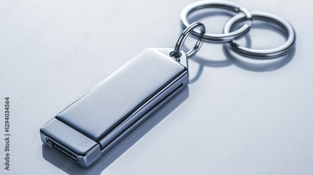 Compact USB keychain with a sleek metallic finish, isolated on a white surface Compact USB keychain with a sleek metallic finish, isolated on a white surface