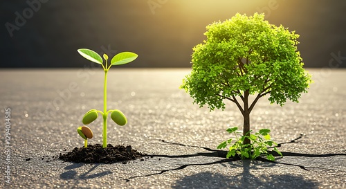 Seedling Growing Into a Tree on Cracked Ground Representing Growth