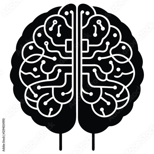 Brain illustration, top view, black and white, symmetrical, intricate neural pathways, circuit-like design, simplified graphic style, high contrast, maze-like patterns, anatomical art, 