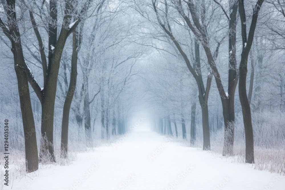 Fototapeta premium quiet moment in snowy forest bare branches of trees forming natural canopy over pristine path