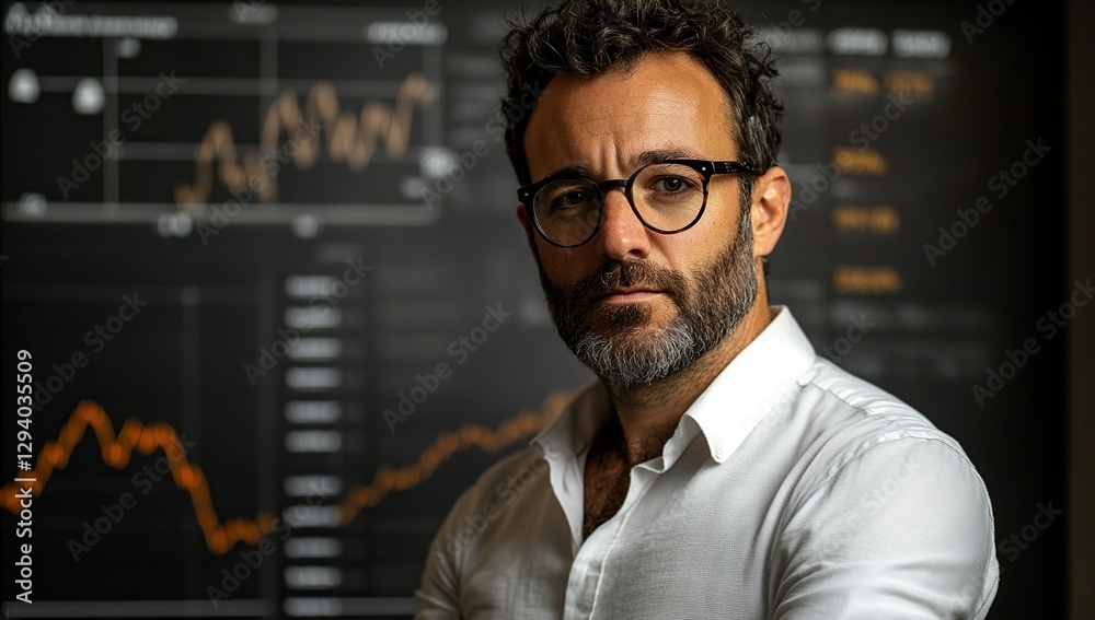 Obraz premium Portrait of a Serious Middle Aged Businessman Wearing Glasses and a White Shirt Against a Background of Financial Charts