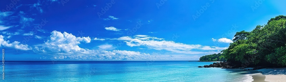 Obraz premium A serene beach scene features a small boat resting on the golden sand beneath a clear blue sky.