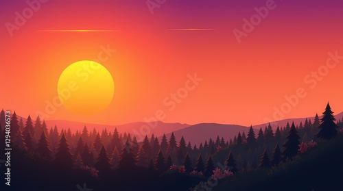 Breathtaking Sunset Over a Vibrant Mountain Landscape: A Serene Nature Illustration