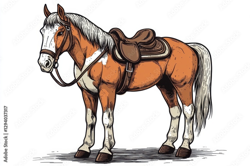 Fototapeta premium Brown and White Horse with Saddle Standing Proudly in Profile View