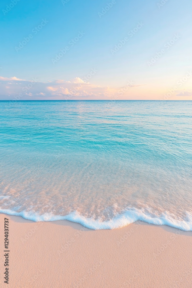 serene sandy beach with crystal clear waves gently lapping shore under radiant sunset sky serene sandy beach with crystal clear waves gently lapping shore under radiant sunset sky