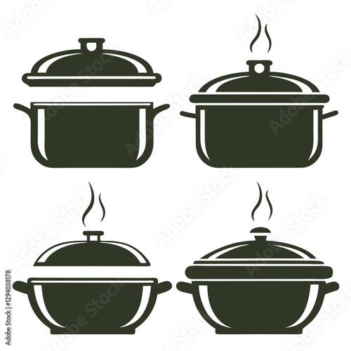 Stylized Cooking Pot Kitchenware Icons with Steam.