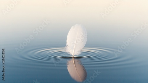 single white feather delicately balanced on edge of still body of water creating gentle ripples evoking sense of harmony