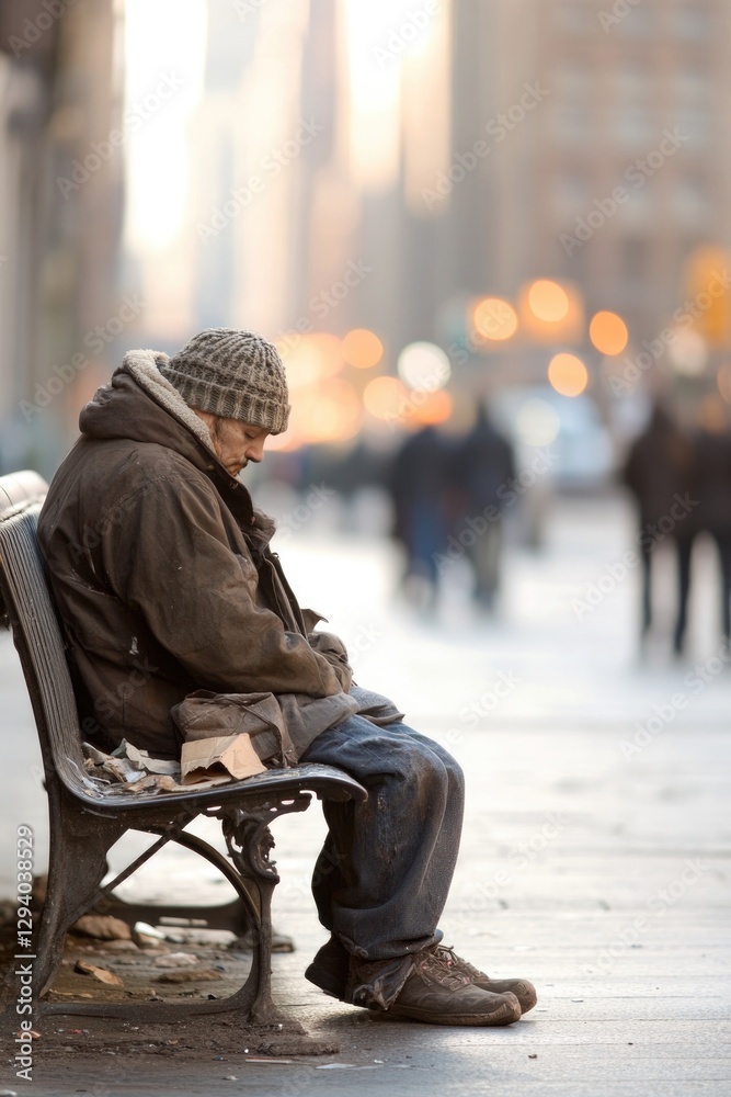 Obraz premium solitary figure sits on city bench bundled in layers to ward off chill with surrounding urban decay