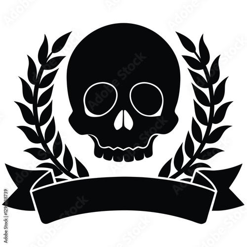 Skull logo, black and white, laurel wreath, banner ribbon, symmetrical design, minimalist, vector graphic style, high contrast, iconic symbol, monochrome illustration, death emblem, heraldic elements,