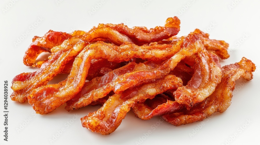 Crispy bacon strips on a white surface showcasing delicious breakfast food with a high angle view and appetizing texture for culinary projects and breakfast menus Crispy bacon strips on a white surface showcasing delicious breakfast food with a high angle view and appetizing texture for culinary projects and breakfast menus