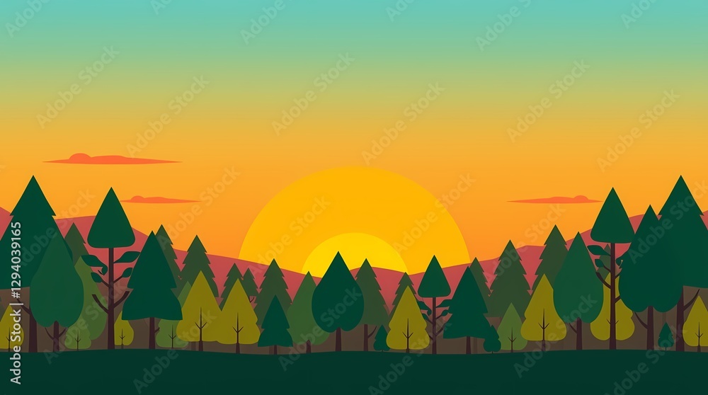 Fototapeta premium Scenic Forest Sunset Illustration: Vibrant Nature with Silhouetted Trees and Mountain View