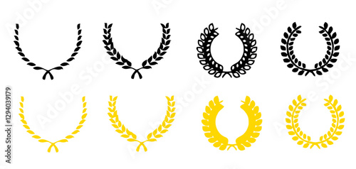 Set black and gold laurel wreath round frame icon vector silhouette fit for awards, winner, trophy, branches, foliate or leaves circle badge, and etc.