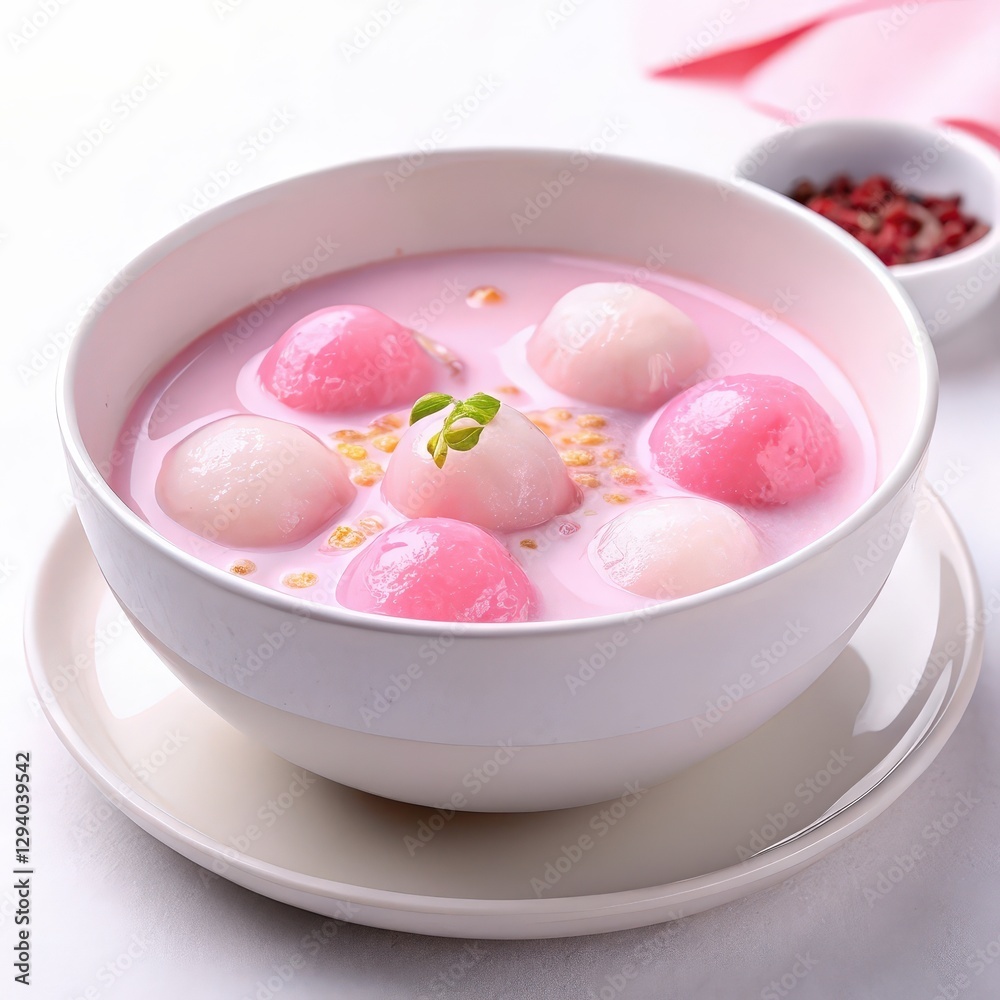 bowl of colorful Thai dessert, Bua Loy, with pink and white glutinous rice balls in sweet coconut milk, garnished with small green leaf, creating delightful presentation bowl of colorful Thai dessert, Bua Loy, with pink and white glutinous rice balls in sweet coconut milk, garnished with small green leaf, creating delightful presentation