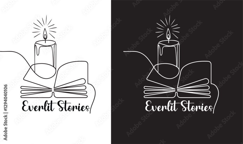 Everlit Stories Continuous Line Open Book with Burning Candle Everlit Stories Continuous Line Open Book with Burning Candle