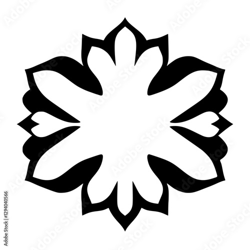 Geometric floral design in black and white with a symmetry and a central opening.