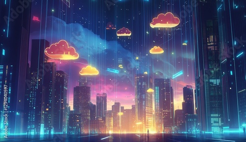 Digital Cityscape with Cloud Icons and Network Lines, Representing Smart Urban Tech