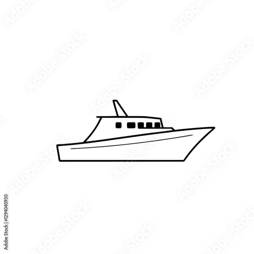 Boat-  Stylized contour drawing of a sleek motorboat navigating an endless white background.