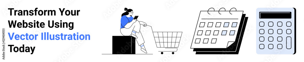 Woman seated using smartphone near a shopping cart, calendar, and calculator. Ideal for e-commerce, budgeting tools, sales planning, event scheduling, financial apps, online marketing flat landing Woman seated using smartphone near a shopping cart, calendar, and calculator. Ideal for e-commerce, budgeting tools, sales planning, event scheduling, financial apps, online marketing flat landing