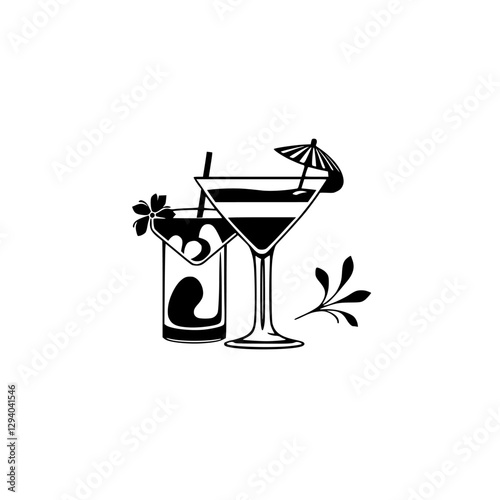 Cocktail-themed black and white vector illustration of two colorful drinks in a white setting.