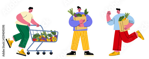 Сartoon-style illustration of people grocery shopping. Perfect for supermarket ads, eco-food campaigns, and healthy lifestyle designs. Great for web, prints, and marketing in a modern flat art style.