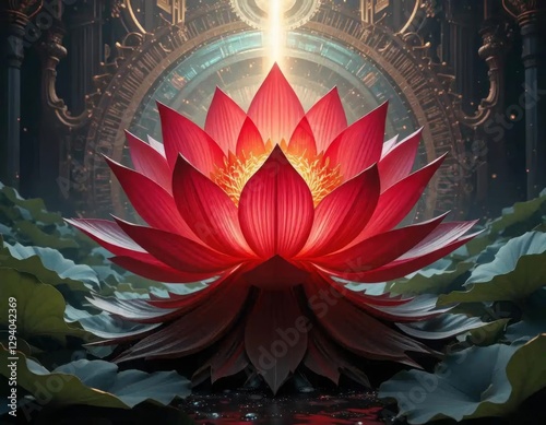 A crimson lotus gate of digital rebirth and transcendence