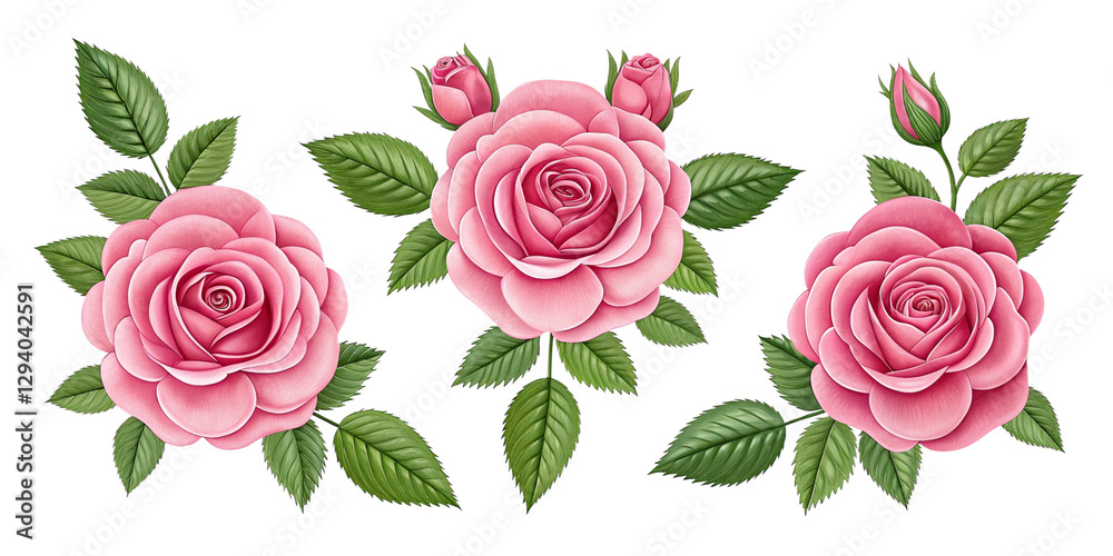 Naklejka premium Elegant Pink Roses with Lush Green Leaves – High-Quality PNG on Transparent Background Romantic Pink Roses Bouquet with Green Foliage – Isolated Floral Design for Digital Use
