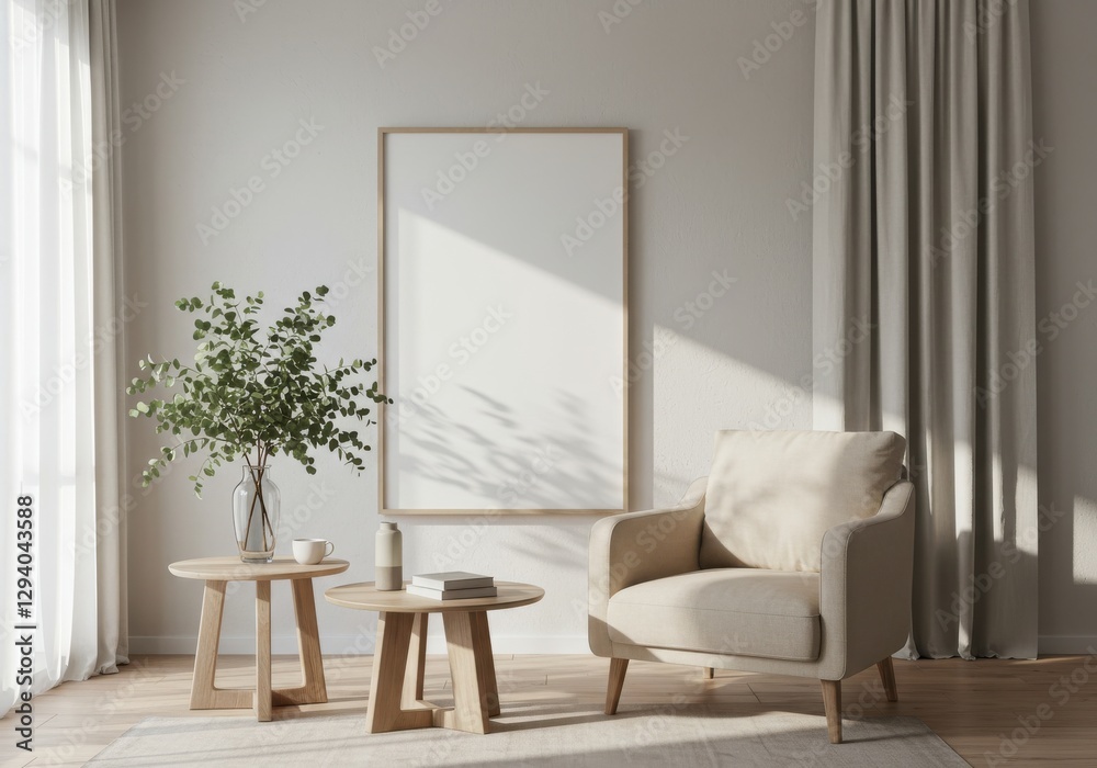 Fototapeta premium Minimalist interior with beige armchair, wood table, and empty frame