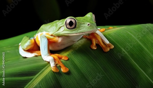 Vivid Encounter Whitelipped Tree Frog Perched Delicately Upon a Green Leaf, Camouflaged Amongst the Tropical Rainforest Canopy, Amidst Dappled Sunlight and Vibrant Greenery. photo